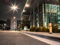 a yellow fire hydrant is located by the street at night on a sidewalk near a tall building