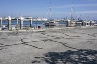 a line of boats are docked along a concrete walkway with black markings on the pavement