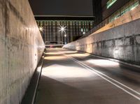 there is a car on the road going down the tunnel at night time under the street light