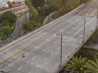 a street next to a car parking lot and palm tree with traffic lines in front