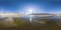 the image shows a wide angle view from a shallow part of a water way looking into the distance