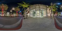 a long curved walkway at night with palm trees and a building in the background with lights on