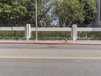 street in front of white wall with trees in front of it and white fence to side with palm tree