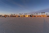 a sandy beach with many buildings and a large seagull in the distance at dusk