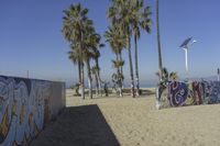 a sandy area with palm trees and some graffiti on the walls next to it and someone walking