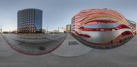 the spherical sculpture depicts the form of a fish's eye view through a mirror