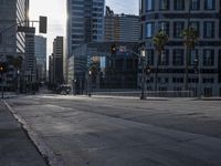 an empty street with a very tall building in the background and palm trees and buildings on either side of the road