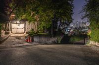 a night time view of the city from the top of a hill with a gate to an open doorway and a tree at the top