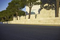 a skateboarder is going around a corner and has stopped at the curb waiting for something to come