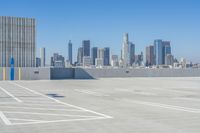 empty parking spaces with the cityscape and building in the back ground and sky in front