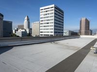 the roof of a very large building with city in background in a business district district