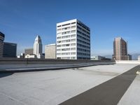 the roof of a very large building with city in background in a business district district