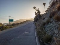 a paved road on an empty mountain side at sunset at sunset time with two trees at top and sign showing way for cars