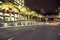 a view from the driver's perspective of a city street at night with palm trees, tall buildings and a bridge