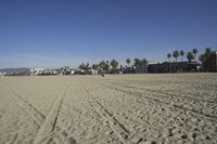 people walk on sand at a beach, near the ocean in the distance is a sky with few cloudless, and blue skies