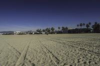 people walk on sand at a beach, near the ocean in the distance is a sky with few cloudless, and blue skies