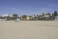 people walk on sand at a beach, near the ocean in the distance is a sky with few cloudless, and blue skies