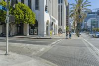 a city street scene with several buildings on the other side of the street, and palm trees in front