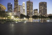 the large city skyline is lit up at dusk from a park across from the water