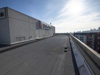 a black skateboarder riding on top of a flat roof in front of a cityscape