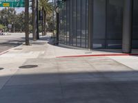 a red fire hydrant is on the corner of a street with some palm trees