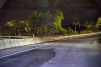 a car on the side of the road with trees in the background at night and a street light at the end