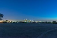 a large open field with trees and a view of the city skyline at night from an overlook