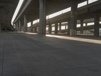 a skateboard sits underneath a freeway bridge and is illuminated by the sun's shadow