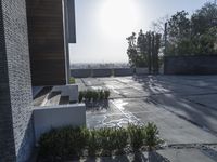 the exterior and landscape of a modern house in los angeles, california with stone and wood