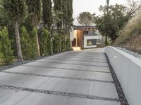 the exterior and landscape of a modern house in los angeles, california with stone and wood