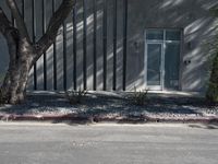 a lone tree next to a building with a fence on top of it in front of the side of the street