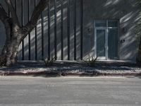 a lone tree next to a building with a fence on top of it in front of the side of the street