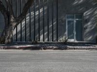 a lone tree next to a building with a fence on top of it in front of the side of the street