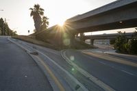 the sun is going down over a highway with palm trees in front of it and several ramps on either side