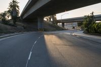 the asphalt road has a yellow traffic signal on it as a truck drives underneath an overpass