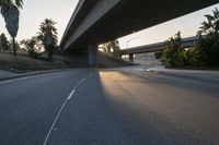 the asphalt road has a yellow traffic signal on it as a truck drives underneath an overpass