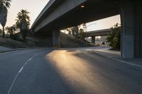 the asphalt road has a yellow traffic signal on it as a truck drives underneath an overpass