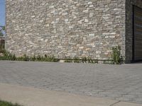 a person is riding a skate board on the sidewalk in front of a building and grass