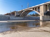 two birds standing by the edge of a river under an arched bridge as it passes underneath