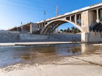 two birds standing by the edge of a river under an arched bridge as it passes underneath