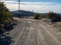 a dirt road going down a hill surrounded by trees and brush with no leaves on the ground