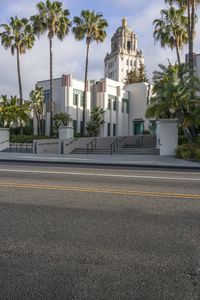 the large building with many palm trees is by the street curb where the parking lot and front entrance are