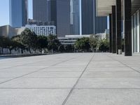 a paved concrete sidewalk surrounded by tall buildings and a pond at the end of it