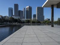 a city view of the buildings in a large urban park with water in front of it