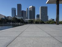 a city view of the buildings in a large urban park with water in front of it