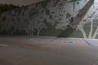 an empty parking lot with a wall painted with trees and benches in the background, a tree with many leaves, blue lines painted on it
