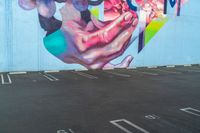 large painting on the side of a building near parking lot next to the road for pedestrians