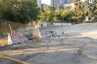 a lot of graffiti is sitting in front of a fence and a fire hydrant