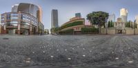 an empty city street with high rise buildings on the other side of it as if there is in perspective