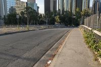 the road is empty, there are trees, bushes and other skyscrapers in the background